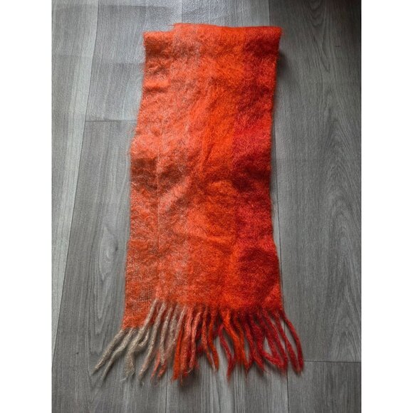 Vintage Mohair 100% Fringe Scarf Orange & Beige Made In Western Germany - Picture 2 of 5